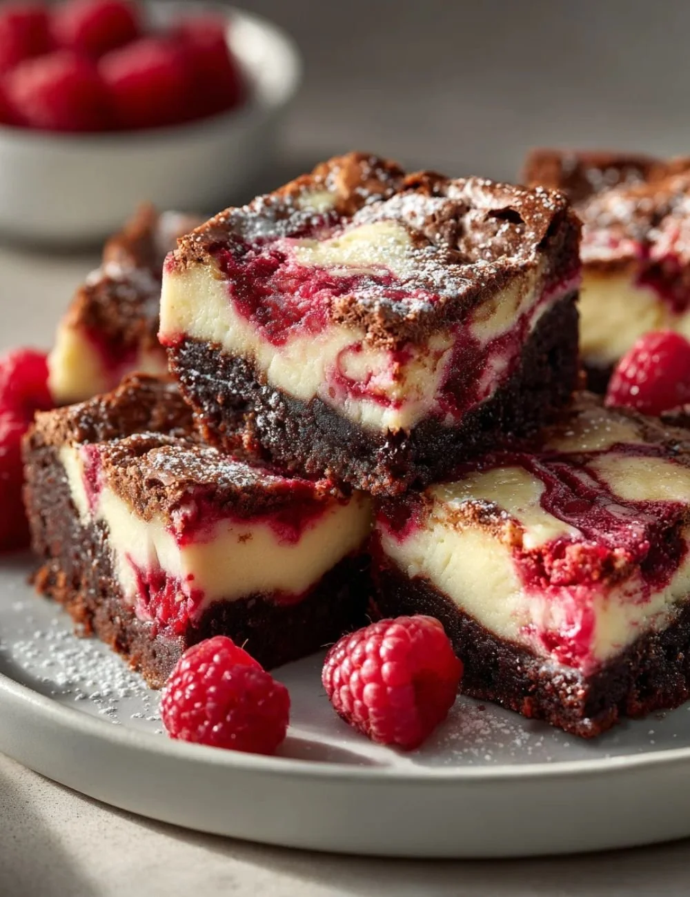 Delicious raspberry cheesecake brownies with a creamy topping and fresh raspberries