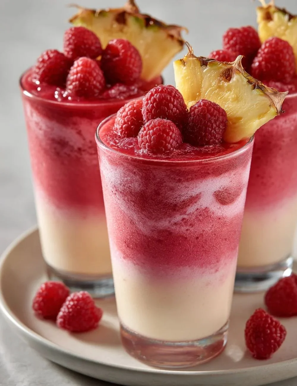 Refreshing Raspberry Colada Twist cocktail with vibrant colors and tropical garnishes.