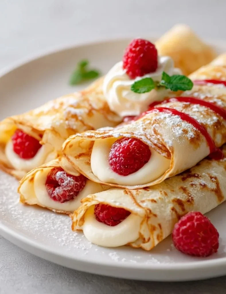Delicious Raspberry Vanilla Cream Crepes topped with fresh raspberries