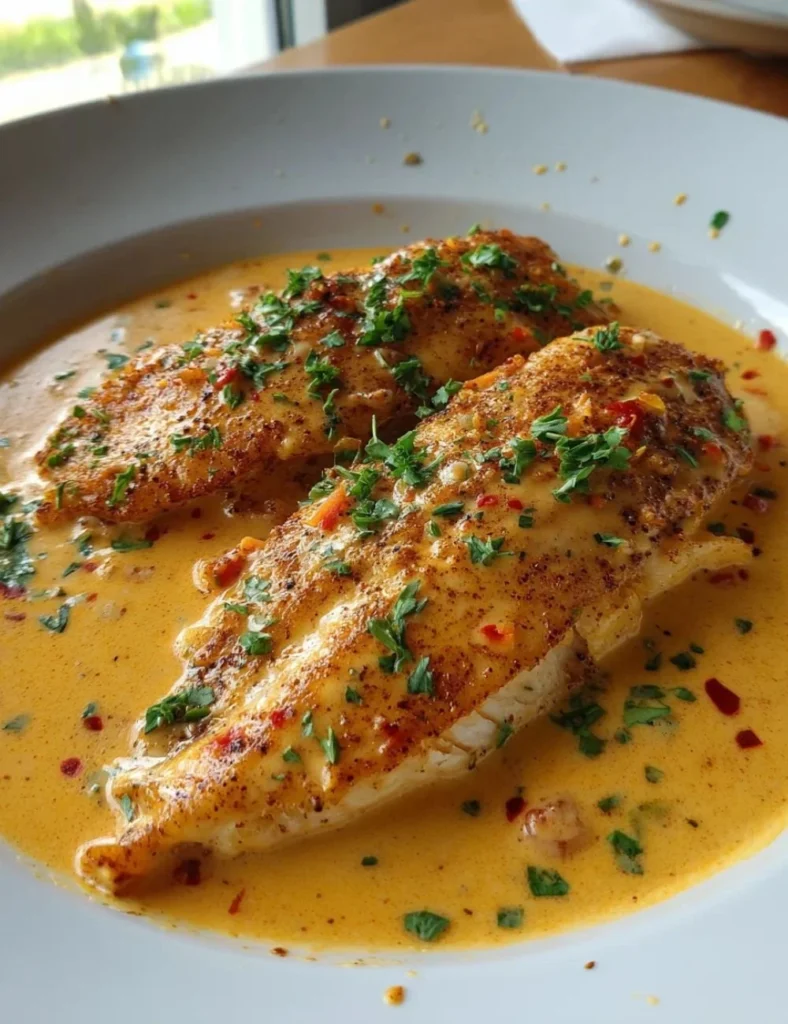 Red snapper fillet with creamy Creole sauce served on a plate