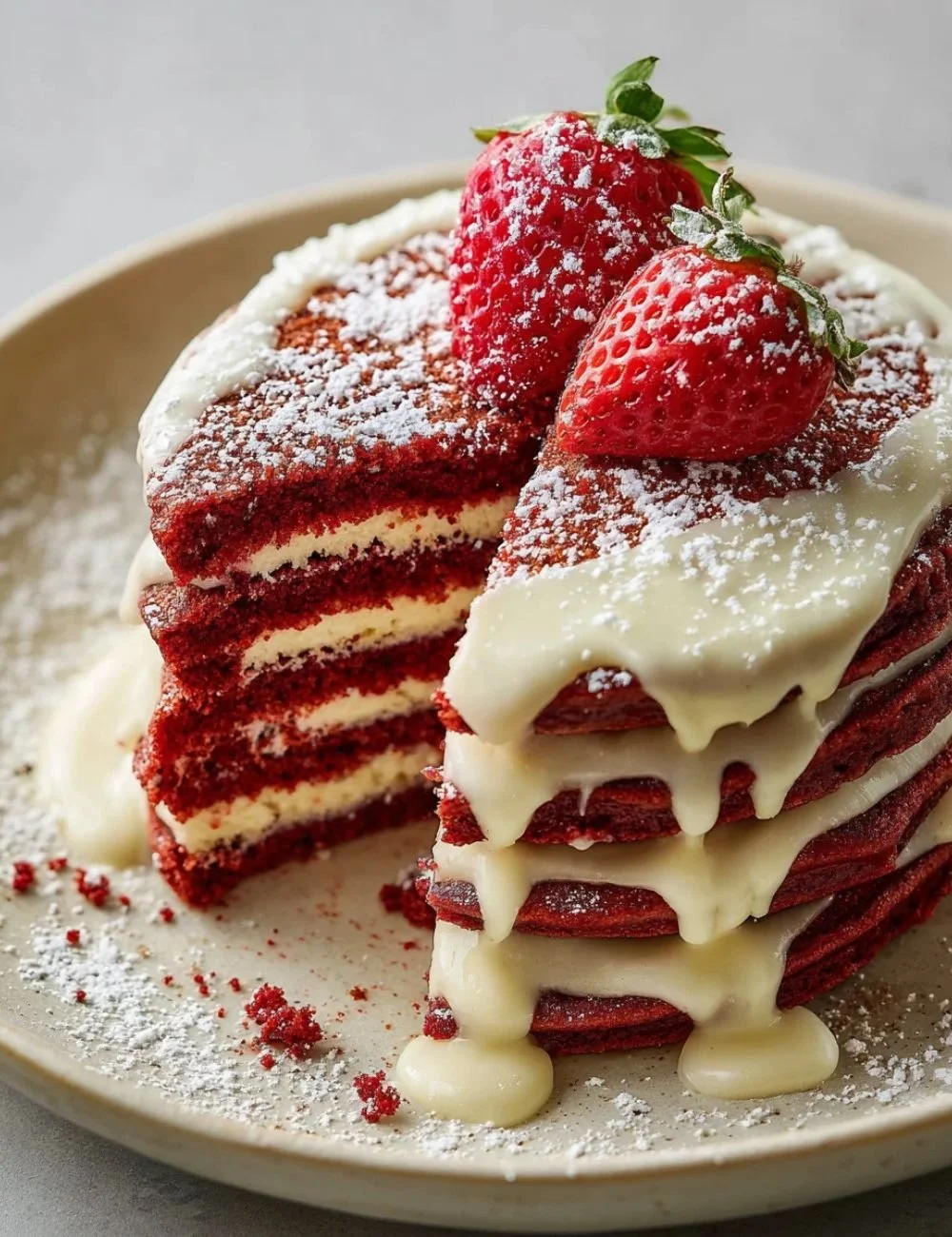 Delicious red velvet pancakes served with cream cheese frosting for a romantic breakfast.