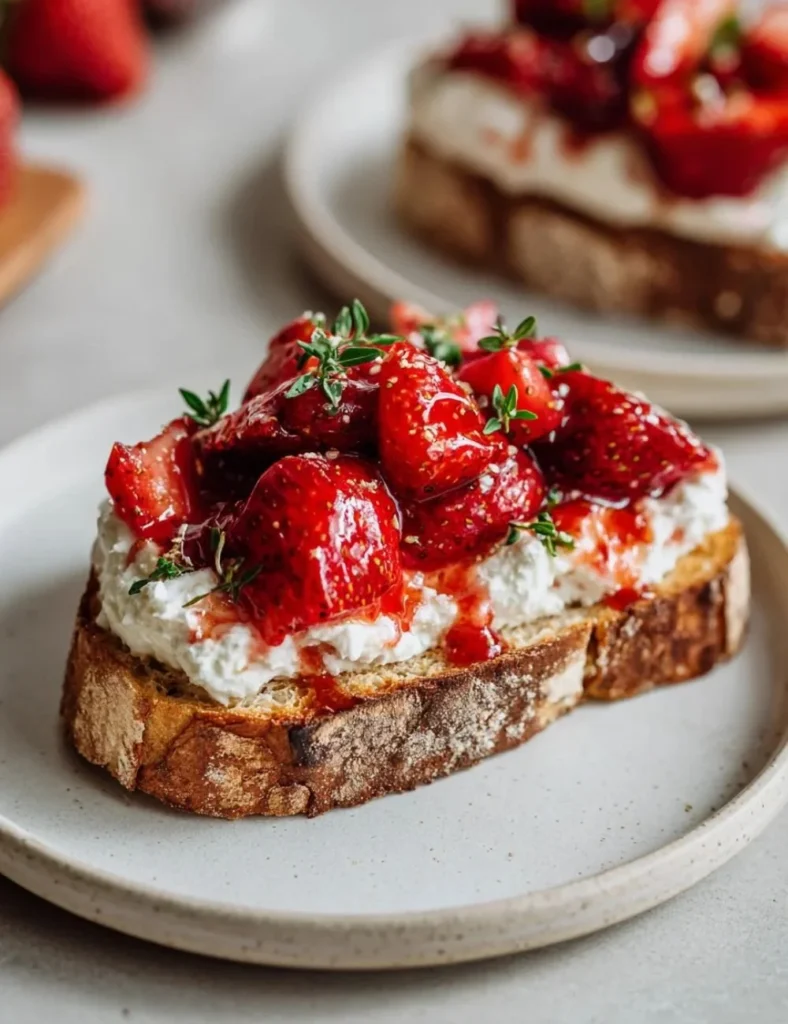 Roasted strawberry whipped ricotta toast topped with fresh strawberries on toasted bread.