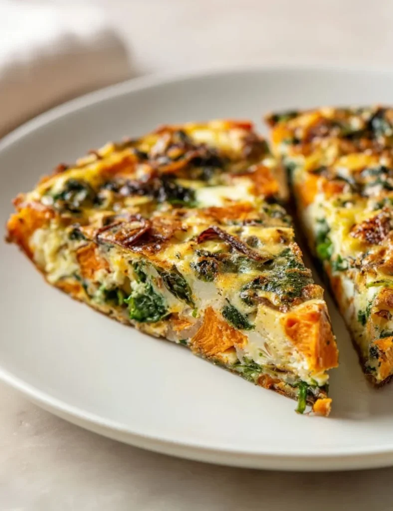 Roasted sweet potato kale frittata served on a plate