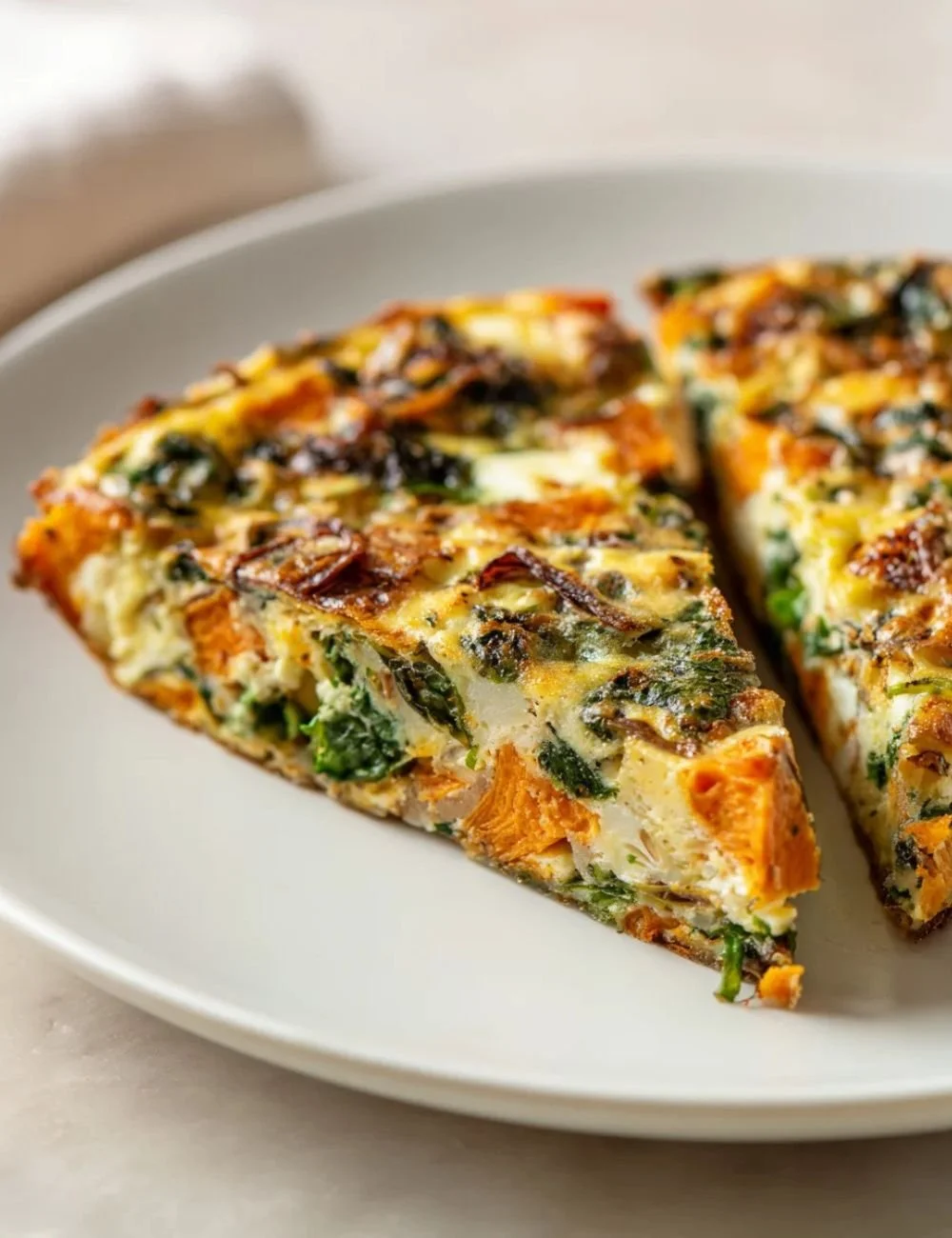 Roasted sweet potato kale frittata served on a plate