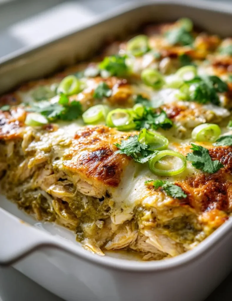 Salsa Verde Chicken Casserole topped with melted cheese and fresh cilantro