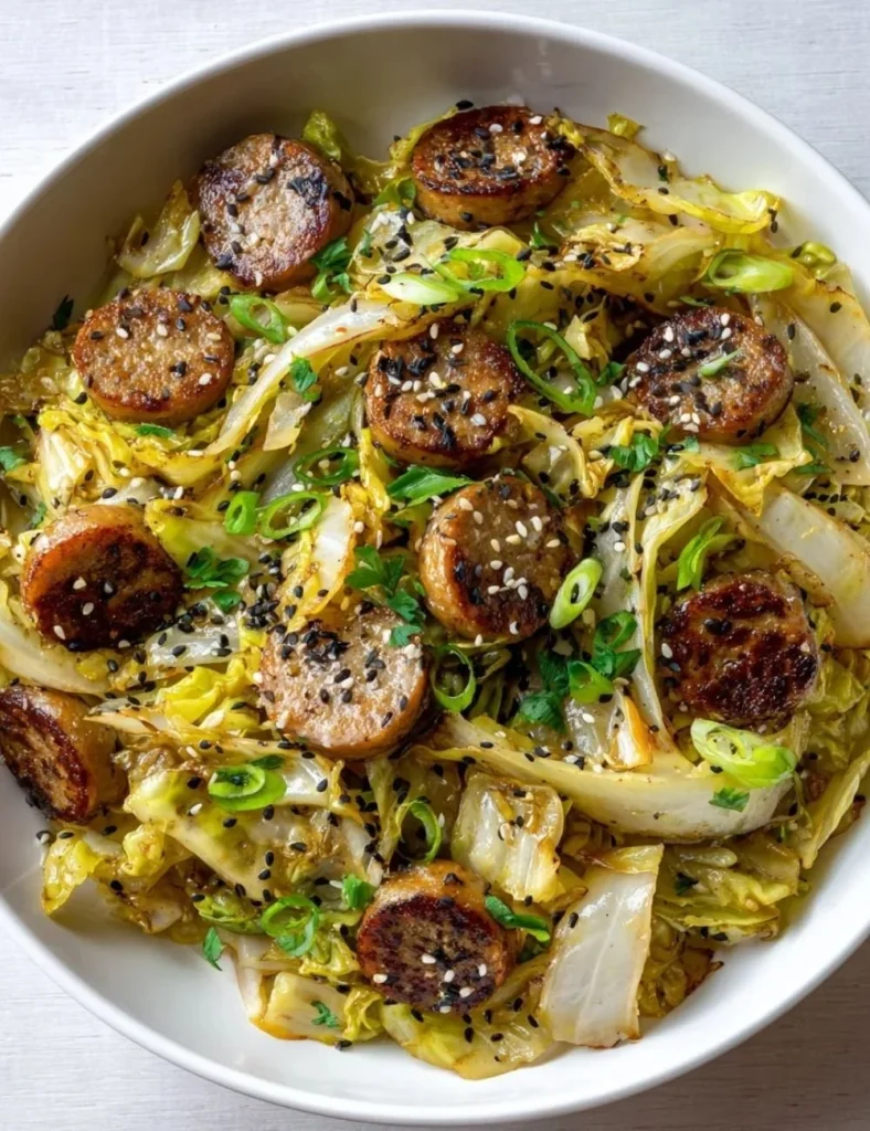 Sausage and Cabbage Stir Fry in a skillet with vibrant vegetables
