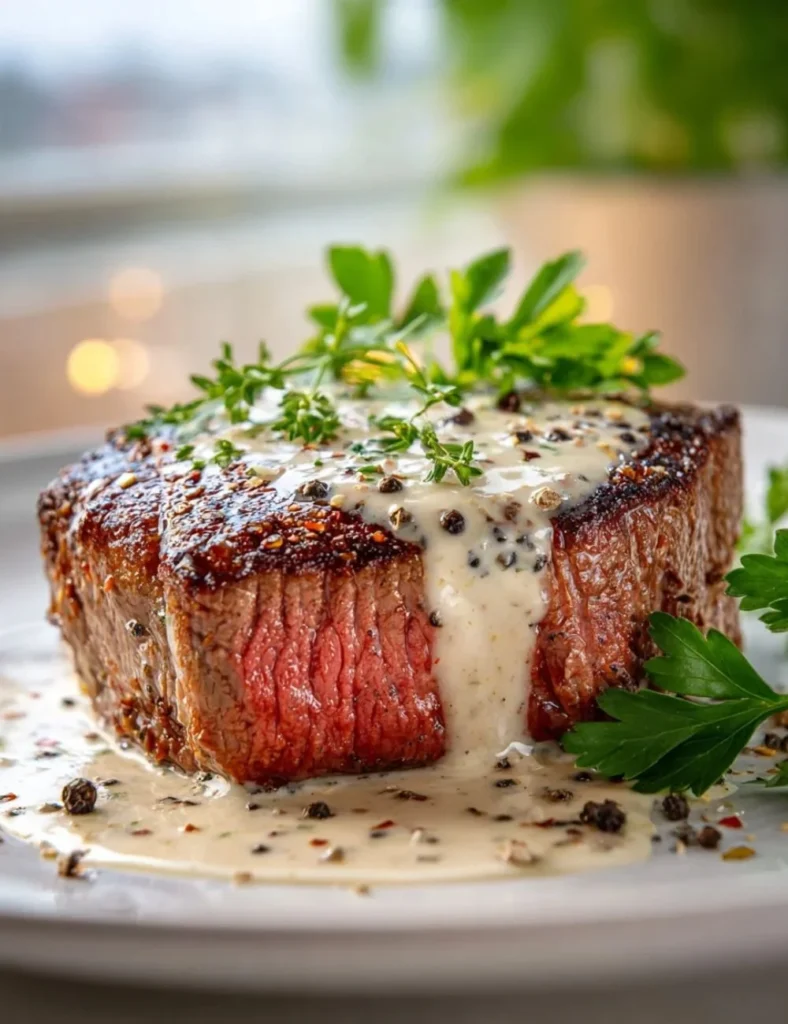Savory steak topped with bourbon-infused garlic cream sauce on a plate