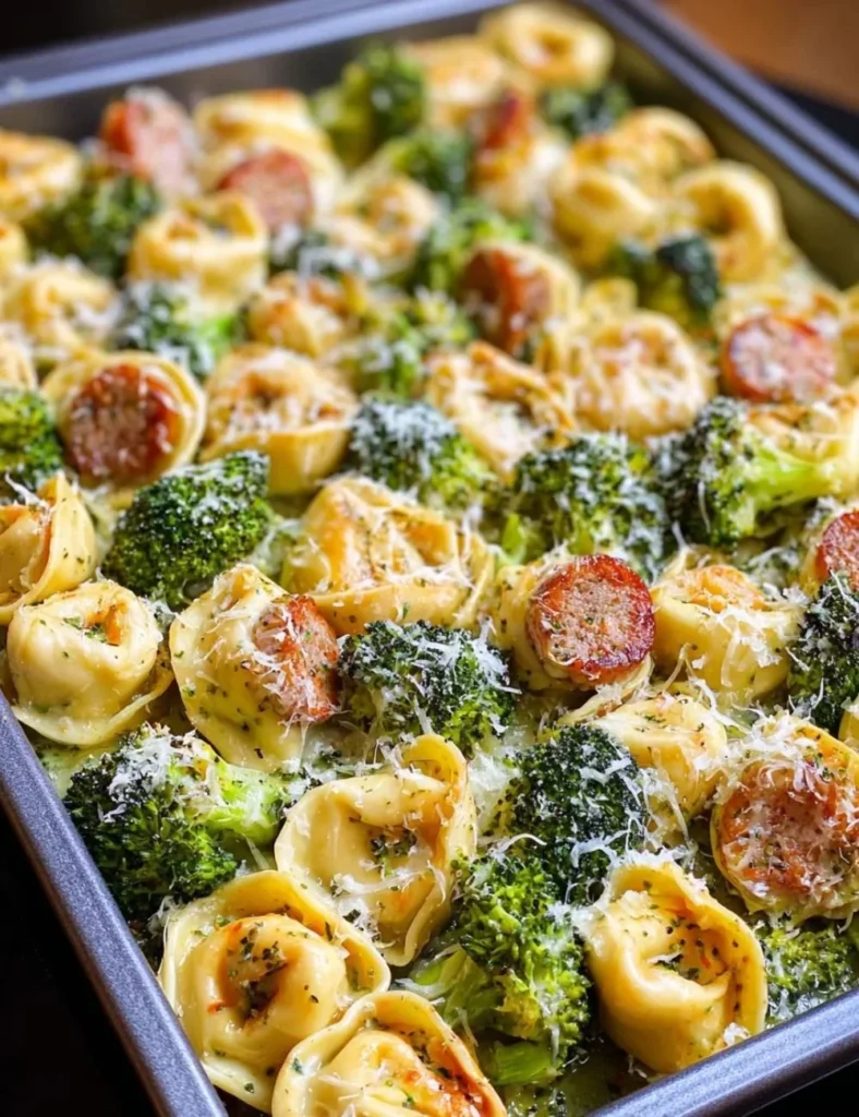 Sheet Pan Broccoli Tortellini Bake with fresh vegetables
