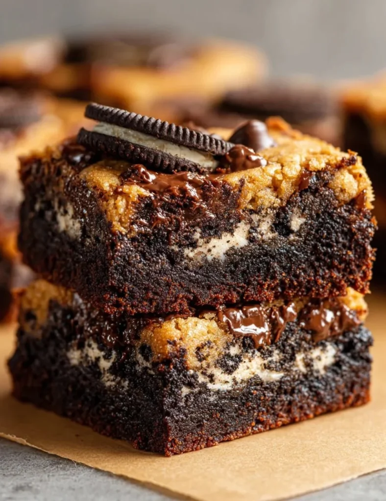Delicious slutty brownies with layers of cookie and brownie topped with chocolate chips.