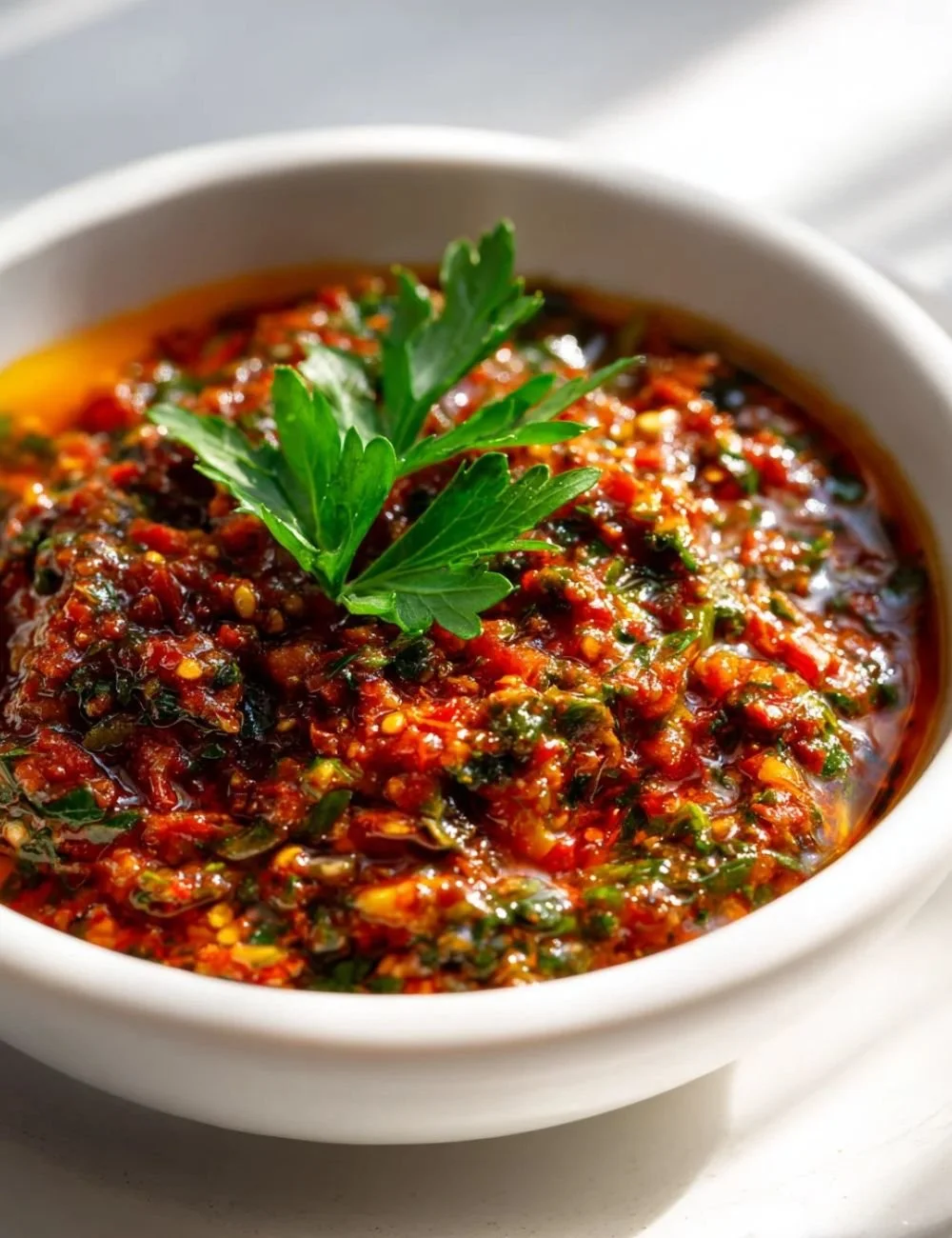 Homemade smoky red chimichurri sauce drizzled over grilled steak