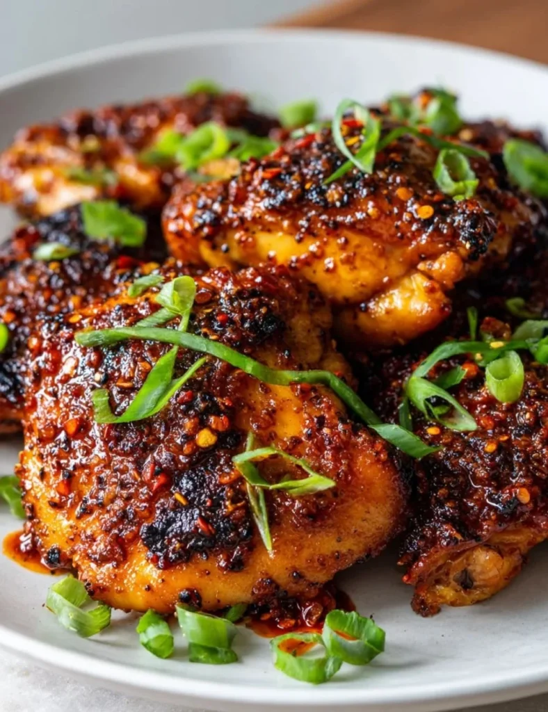 Delicious spicy sweet chicken dish garnished with herbs