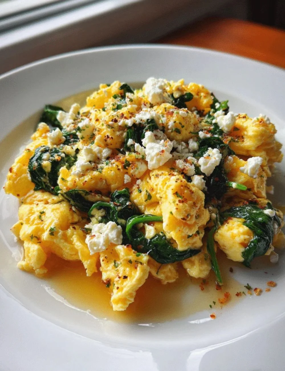 Spinach and feta potato egg scramble served on a plate.