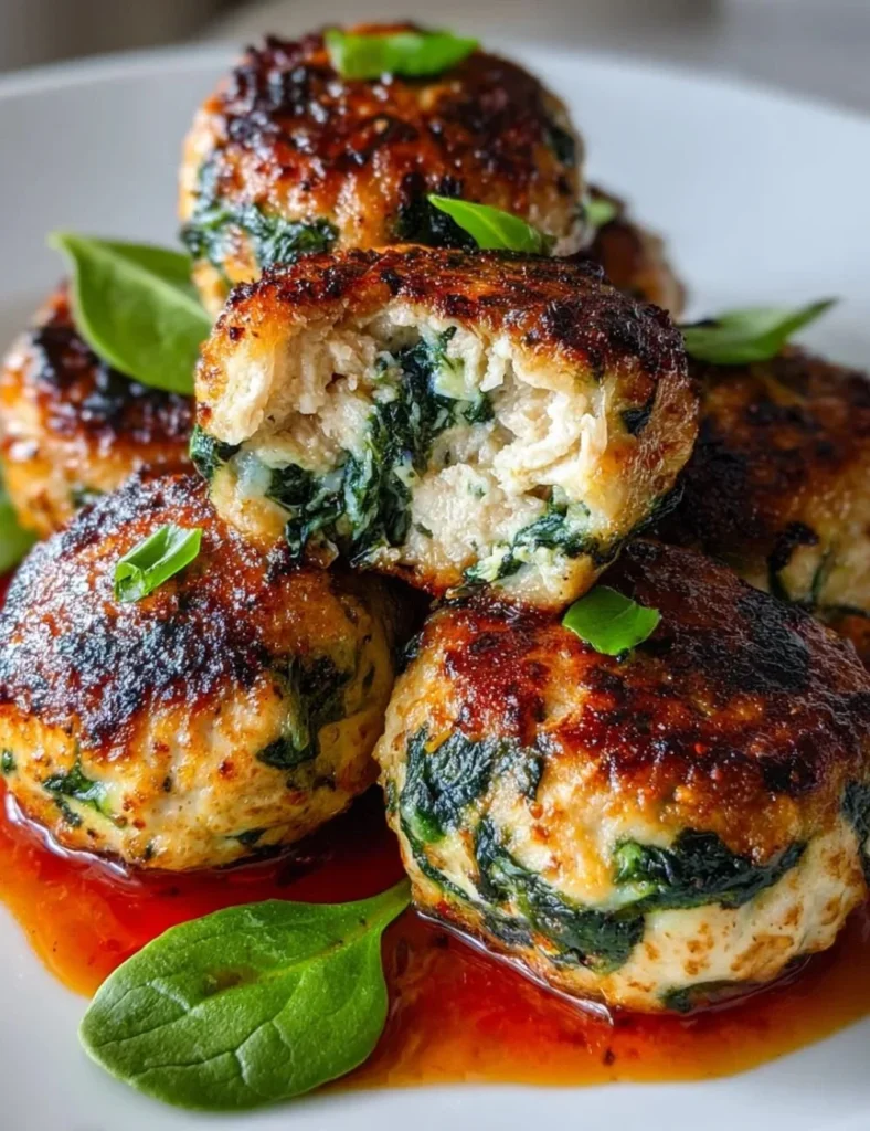 Savory spinach garlic meatballs served on a platter.