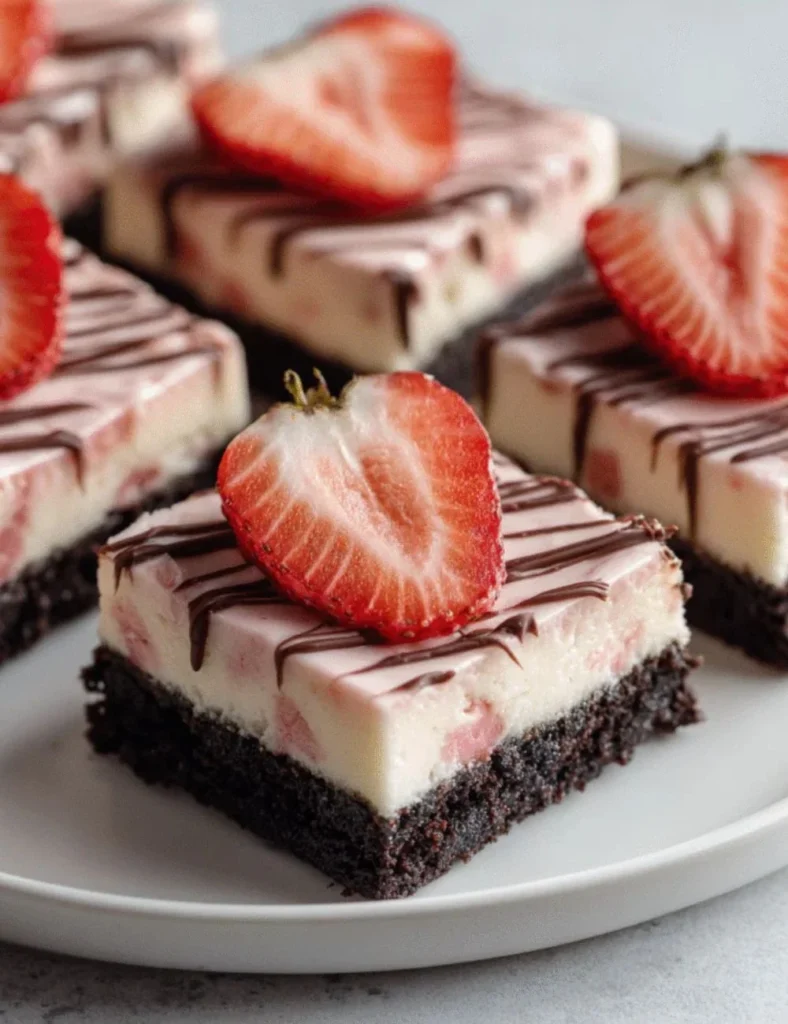 Delicious strawberry cheesecake bars stacked on a plate