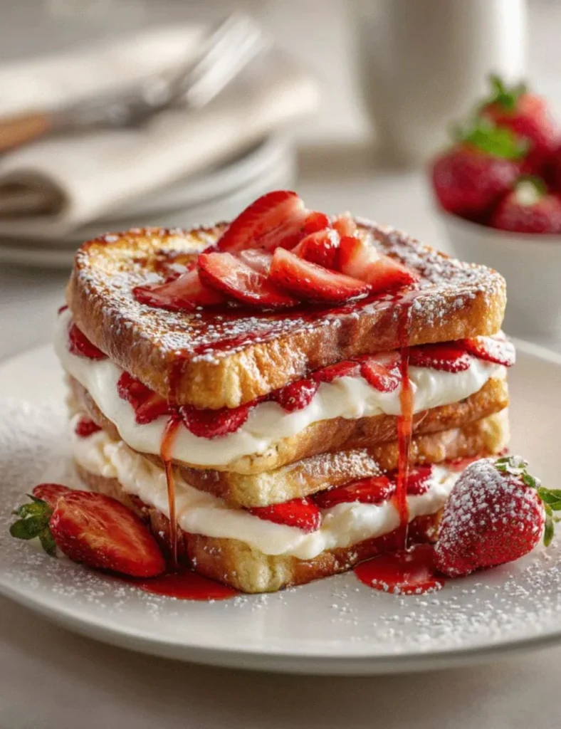 Delicious Strawberry Cream Cheese French Toast topped with fresh strawberries