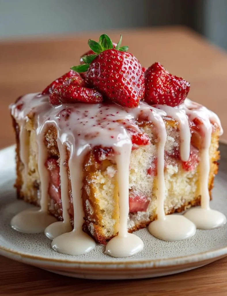 Delicious Strawberry Honeybun Cake with Creamy Icing served on a plate
