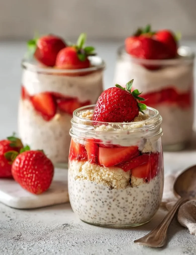 Strawberry Shortcake Chia Pudding topped with fresh strawberries and whipped cream