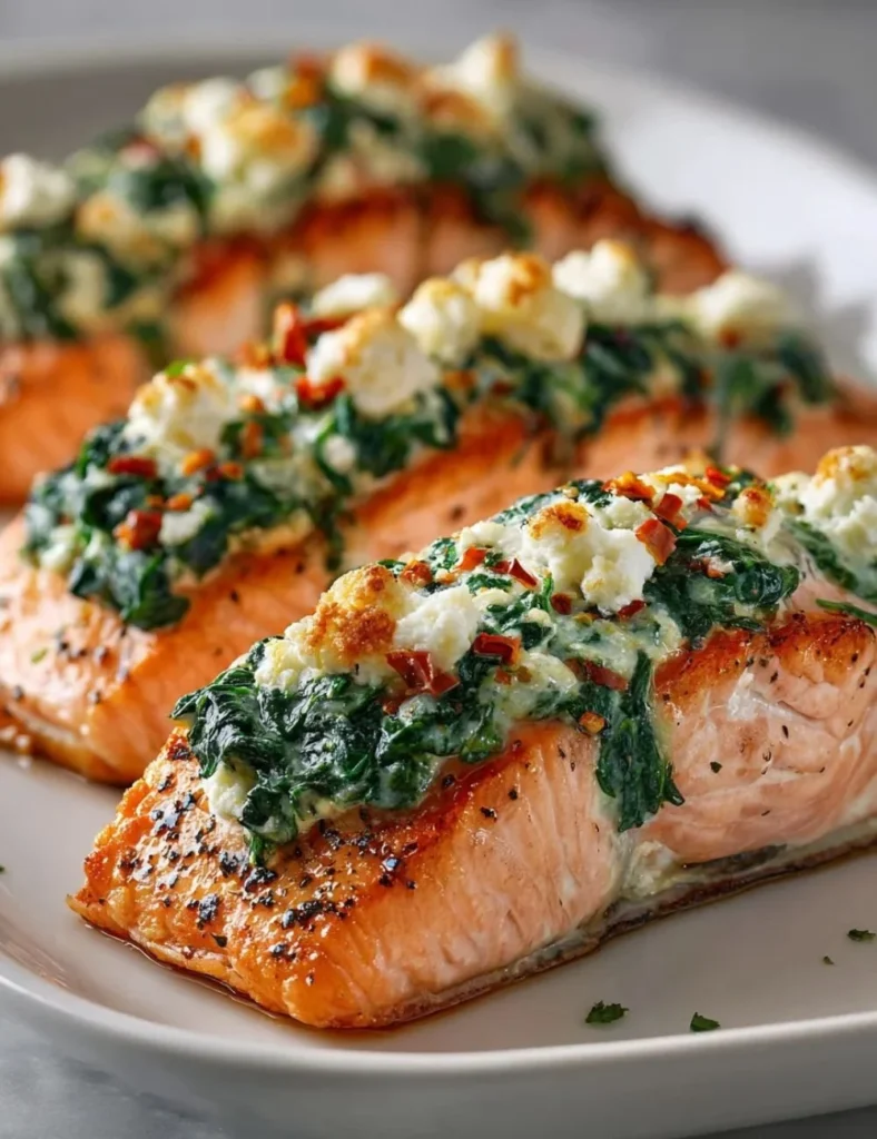 Delicious stuffed salmon with creamy filling on a plate