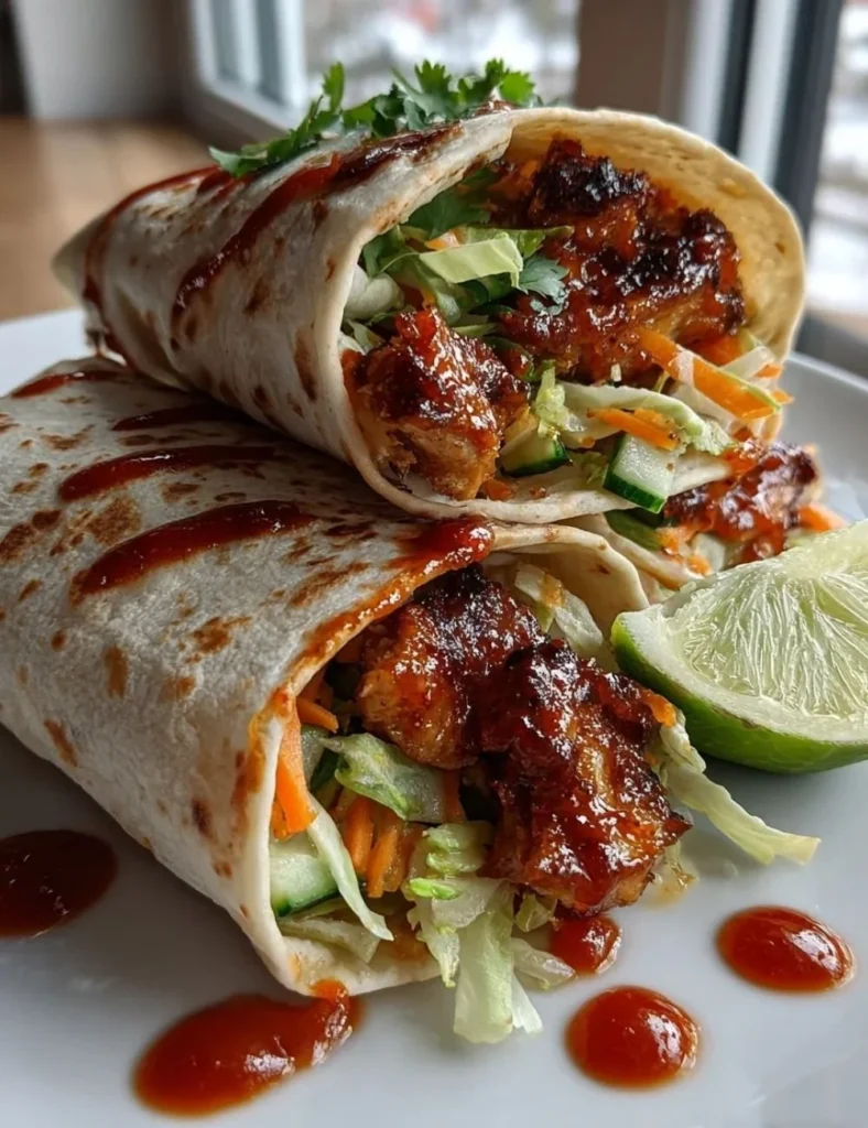 Delicious Sweet Chili Chicken Wraps served on a wooden platter