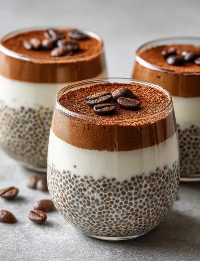 Delicious tiramisu chia pudding in a glass topped with cocoa powder and coffee beans.
