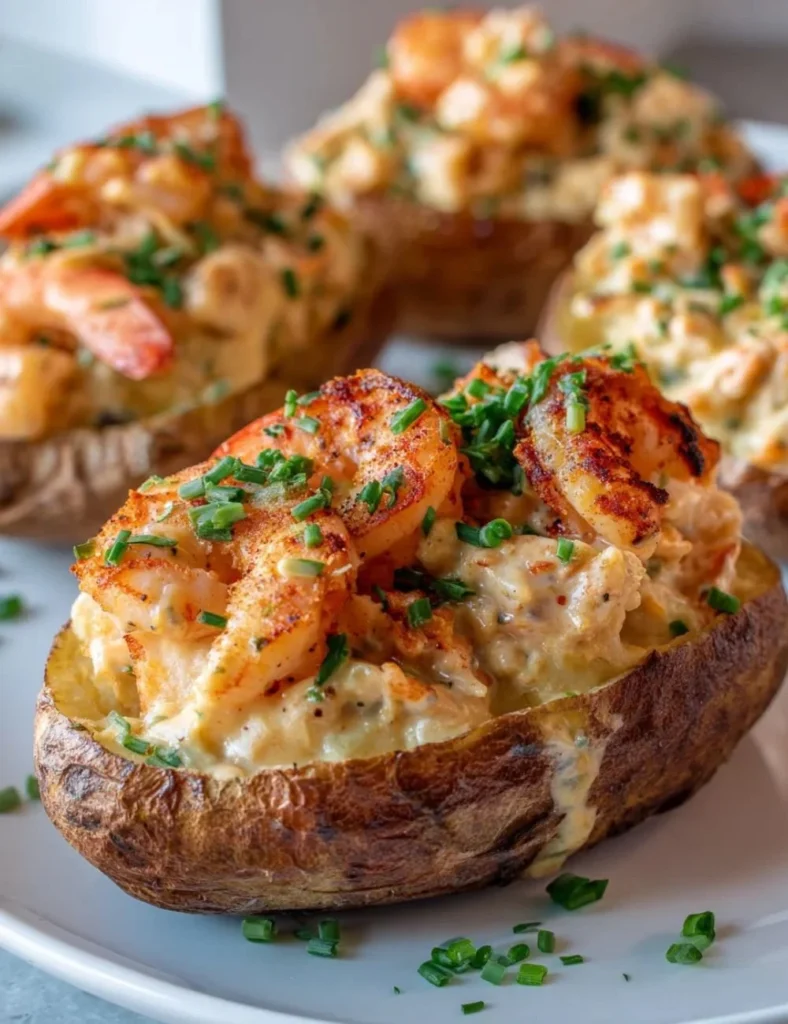 Twice baked seafood stuffed potatoes served with fresh herbs and cheese