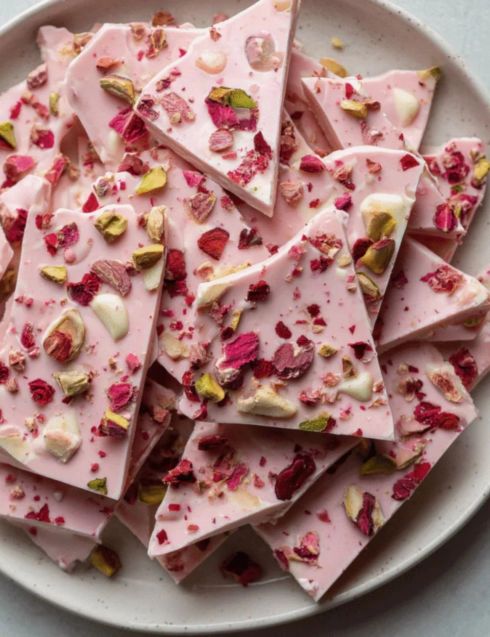 Valentine's Pink White Chocolate Bark topped with sprinkles and heart shapes.