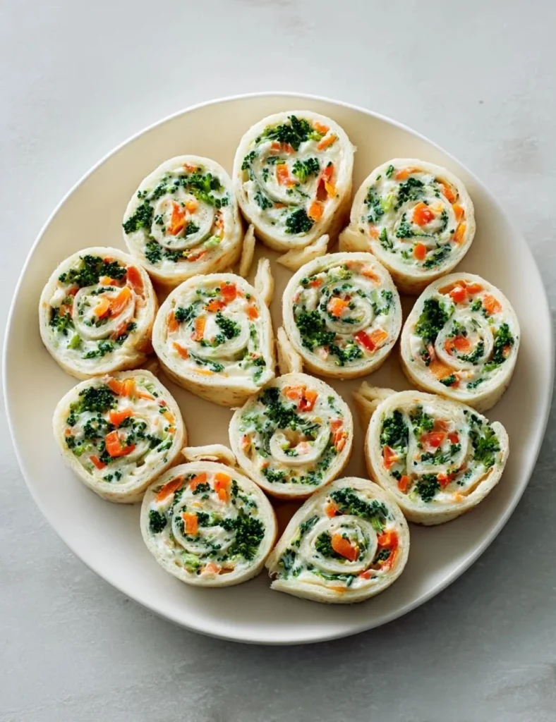 Vegan veggie pinwheels with broccoli and carrots on a plate