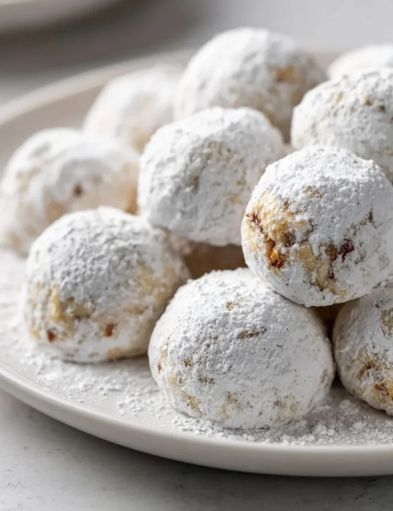 Homemade Walnut Snowball Cookies dusted with powdered sugar on a plate.