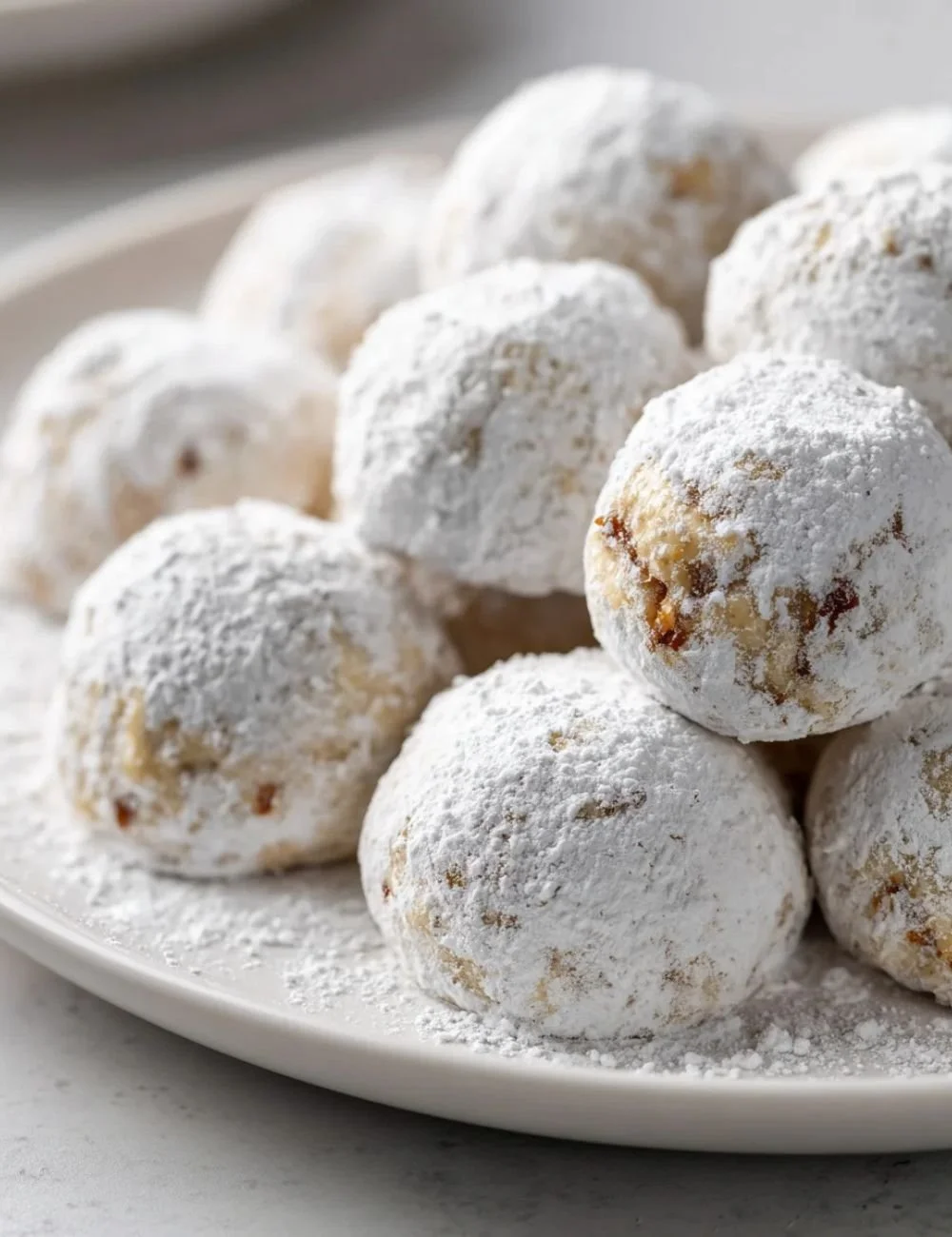 Homemade Walnut Snowball Cookies dusted with powdered sugar on a plate.