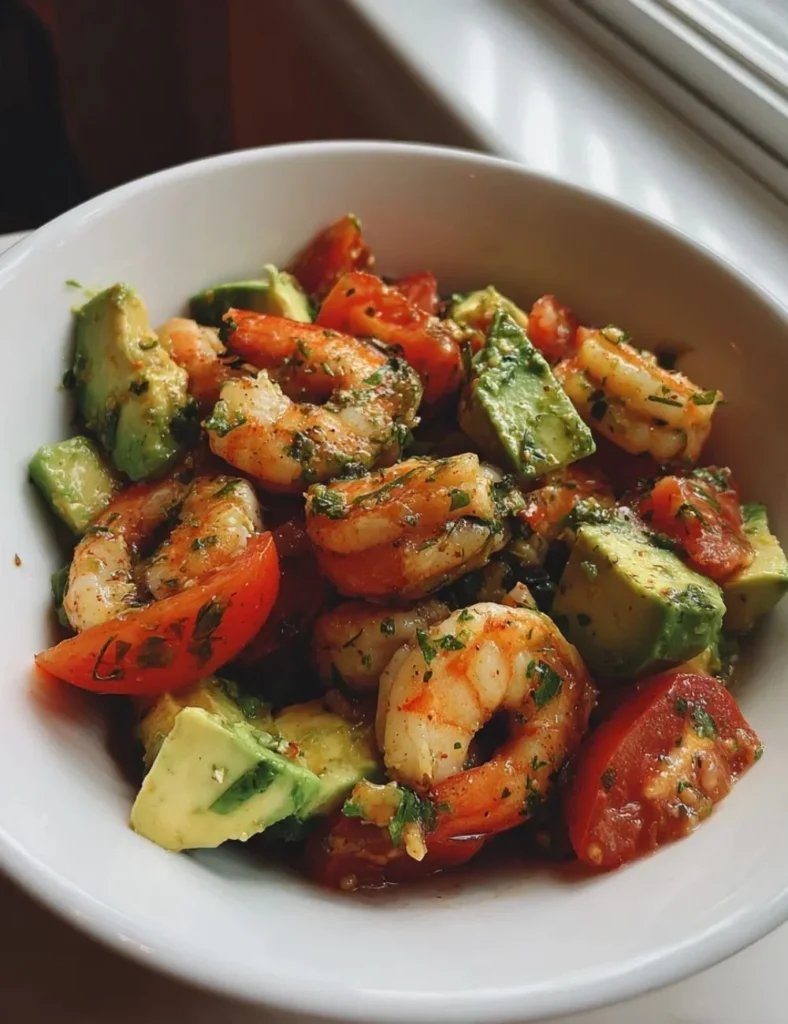 Zesty lime shrimp and avocado salad served in a bowl