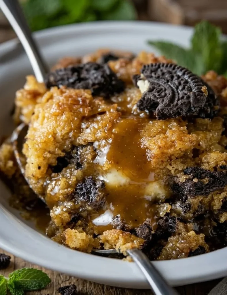 Delicious Oreo cookie cobbler dessert served in a dish