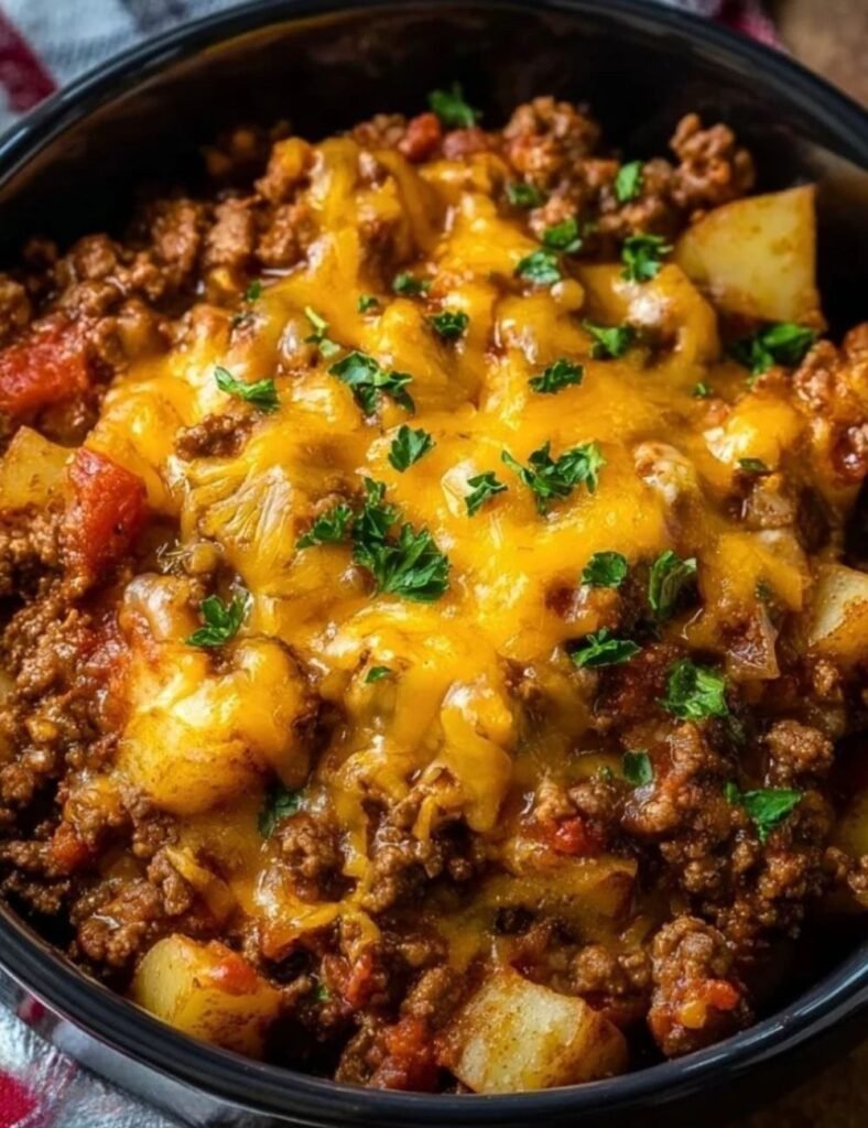 Delicious slow cooker cowboy casserole served in a bowl with toppings