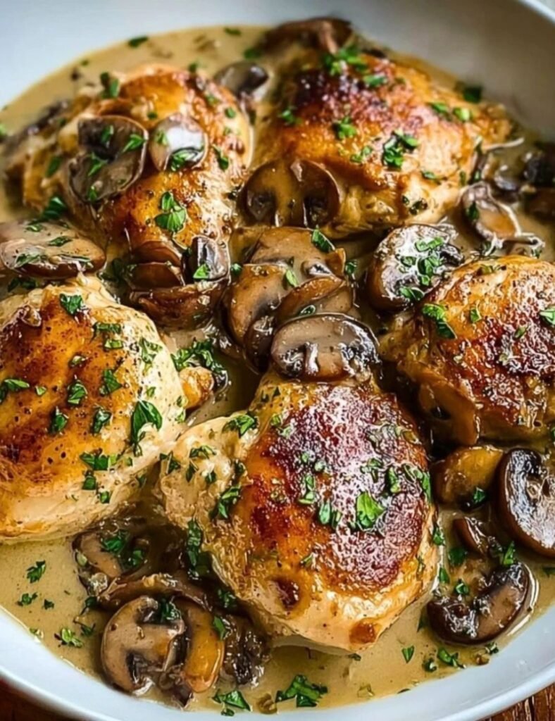 Plate of creamy Chicken Marsala with mushrooms and herbs