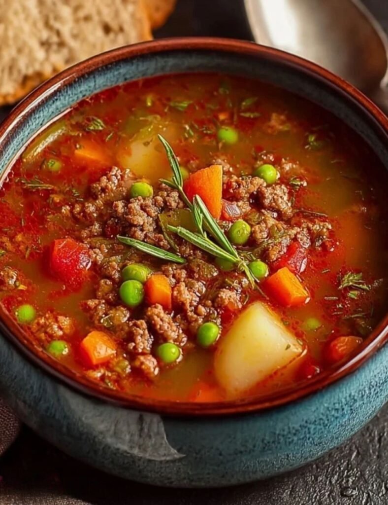 Bowl of Classic Ground Beef Soup with vegetables and herbs