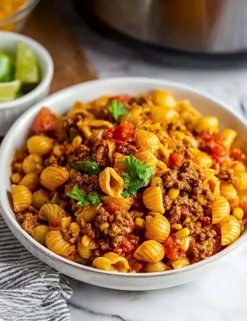 Delicious crockpot taco pasta served in a bowl, ideal for quick weeknight dinners.