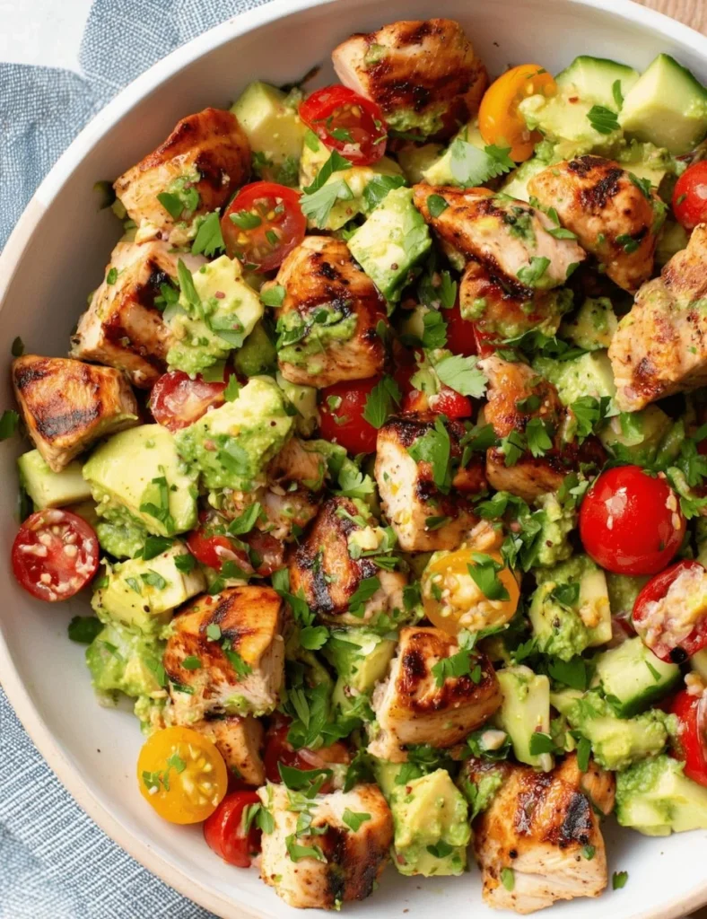 Delicious Avocado Chicken Salad served in a bowl with fresh ingredients