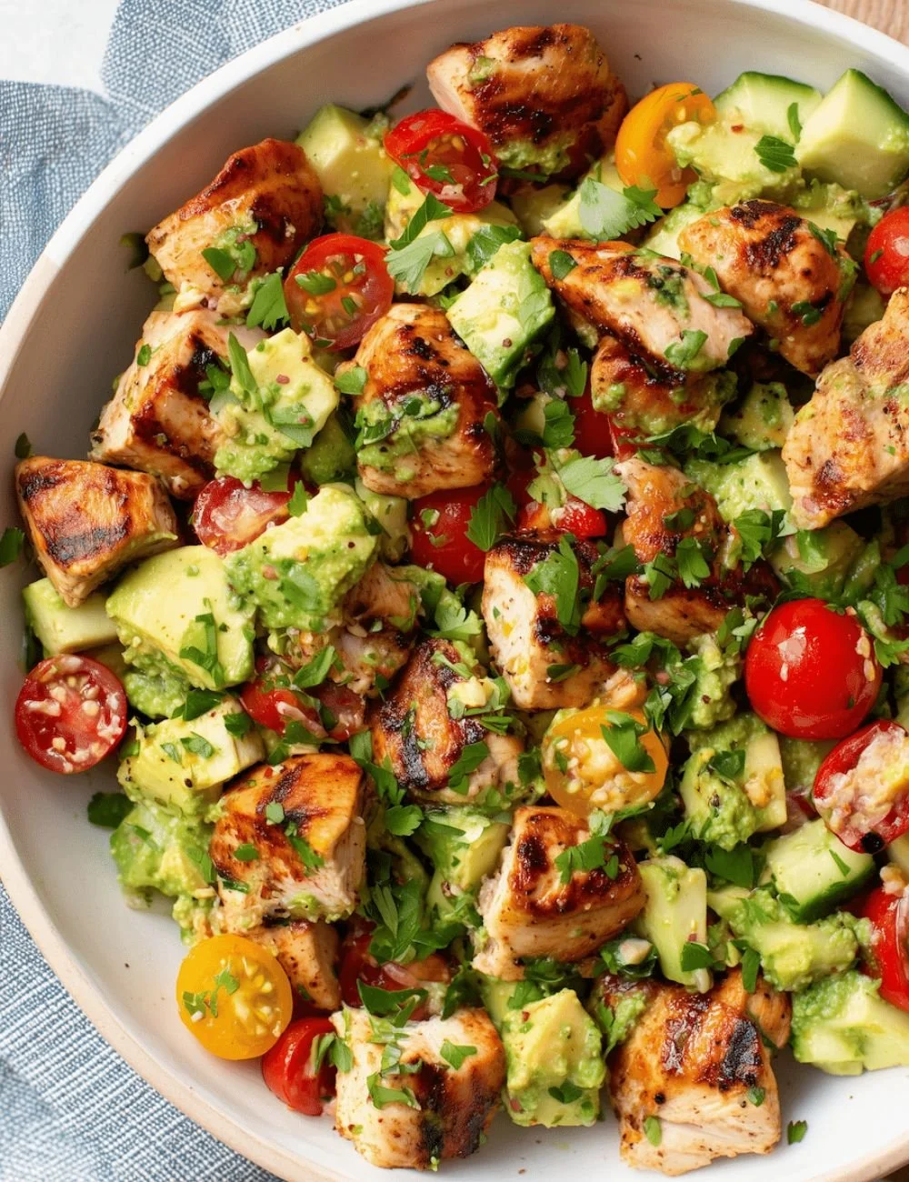 Delicious Avocado Chicken Salad served in a bowl with fresh ingredients