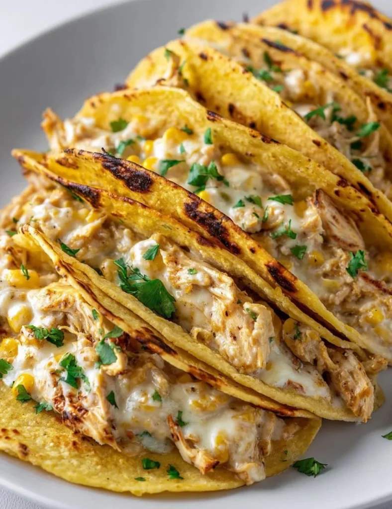 A plate of delicious white chicken chili tacos garnished with fresh toppings.