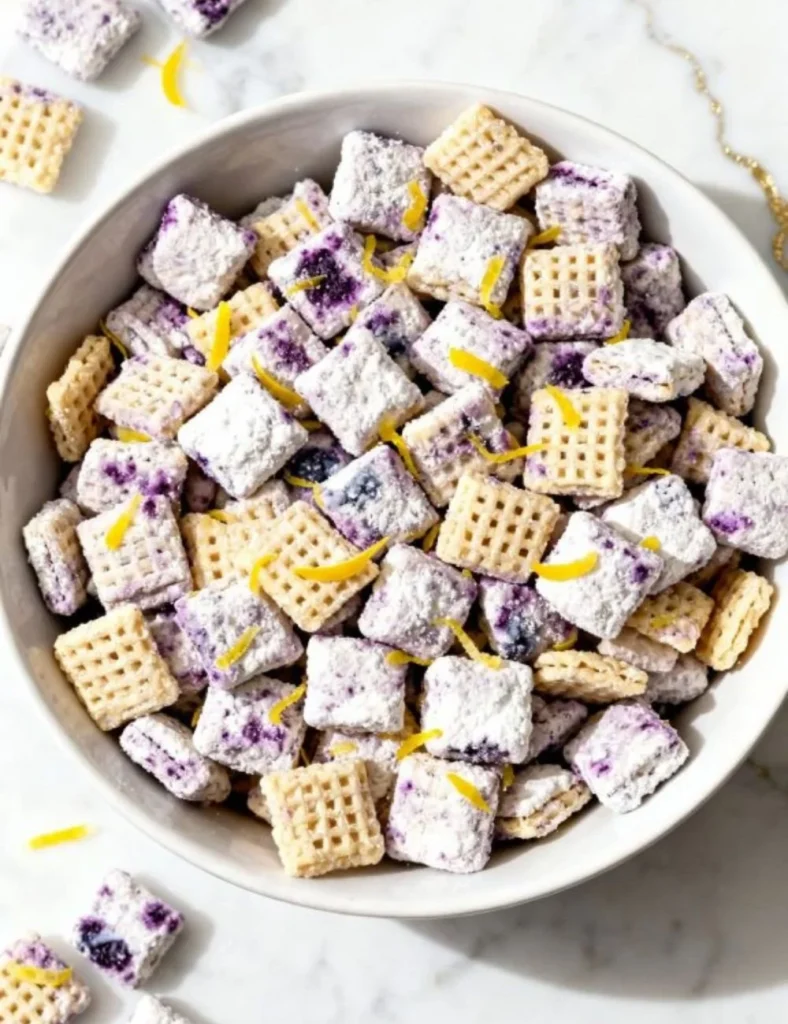 Blueberry Lemon Cheesecake Puppy Chow dessert with blue and yellow sprinkles