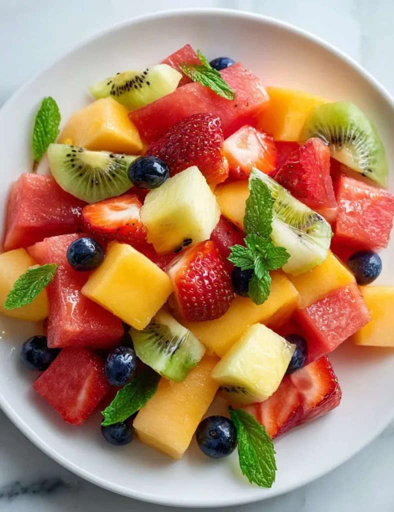 Colorful breakfast fruit salad with fresh fruits in a bowl