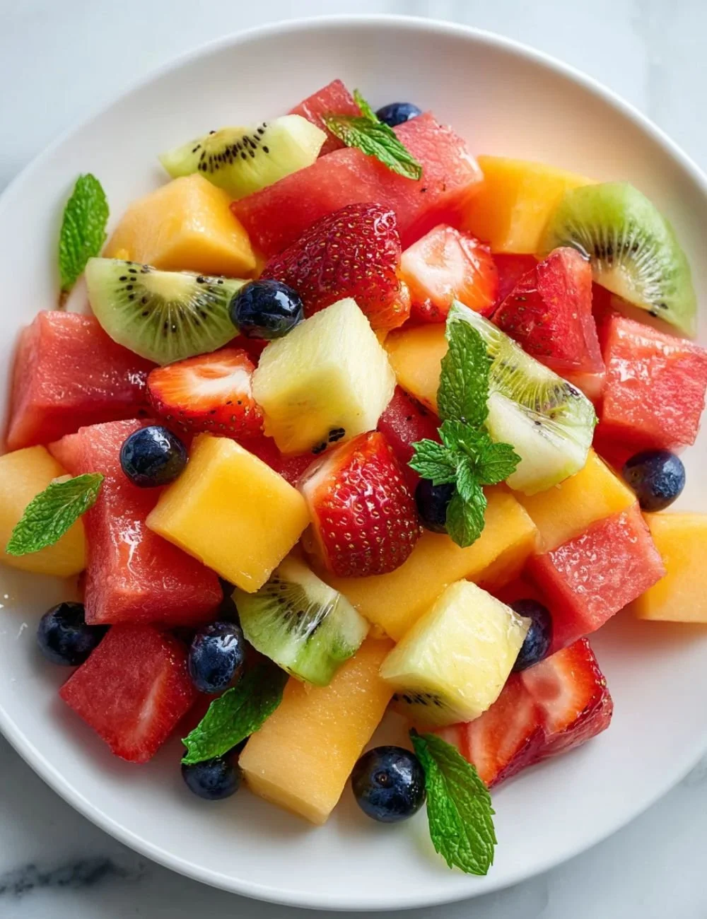 Colorful breakfast fruit salad with fresh fruits in a bowl