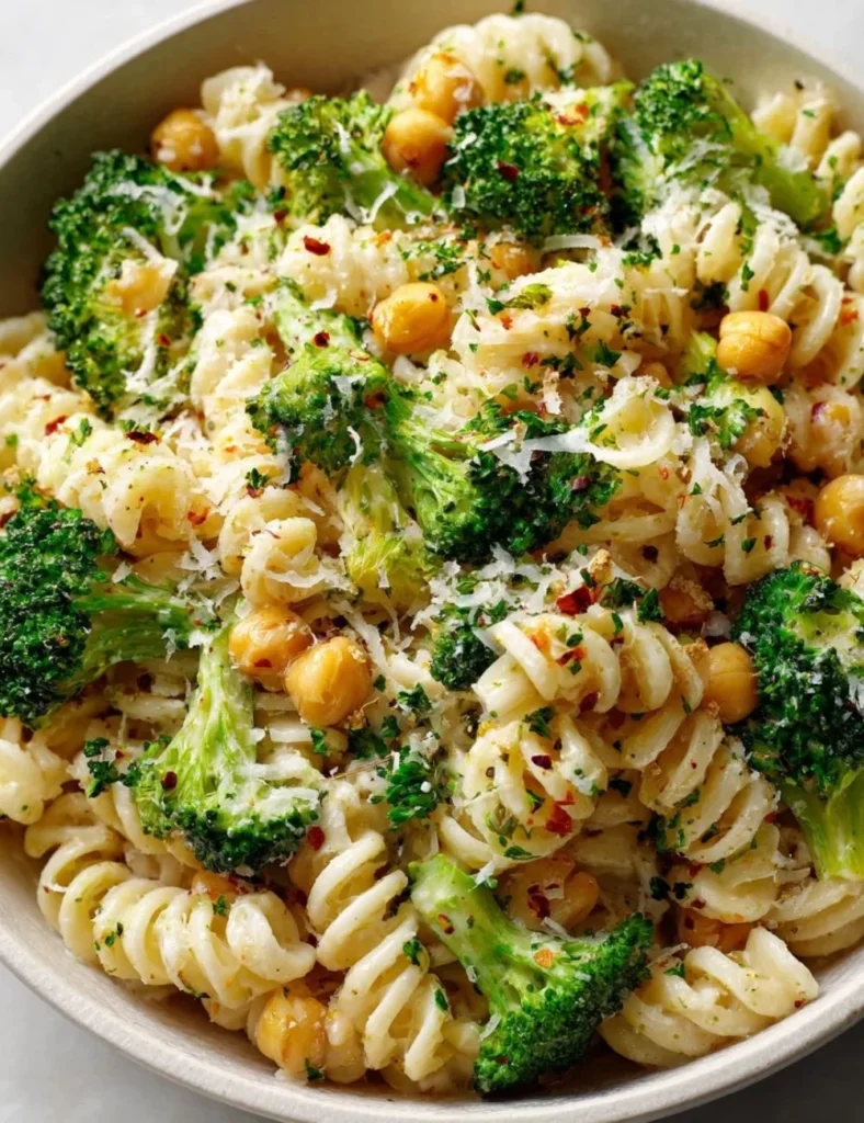 Delicious Broccoli Chickpea Pasta drizzled with Garlic Olive Oil