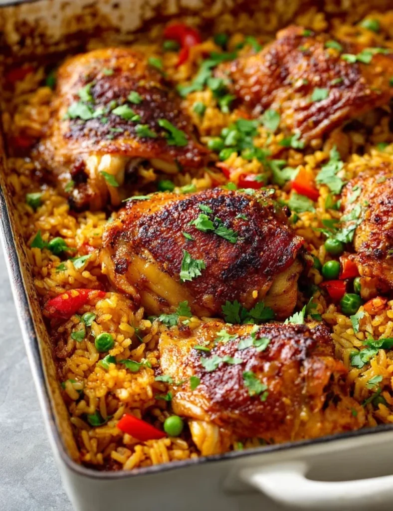 Plate of Caribbean Chicken and Rice garnished with herbs and vegetables
