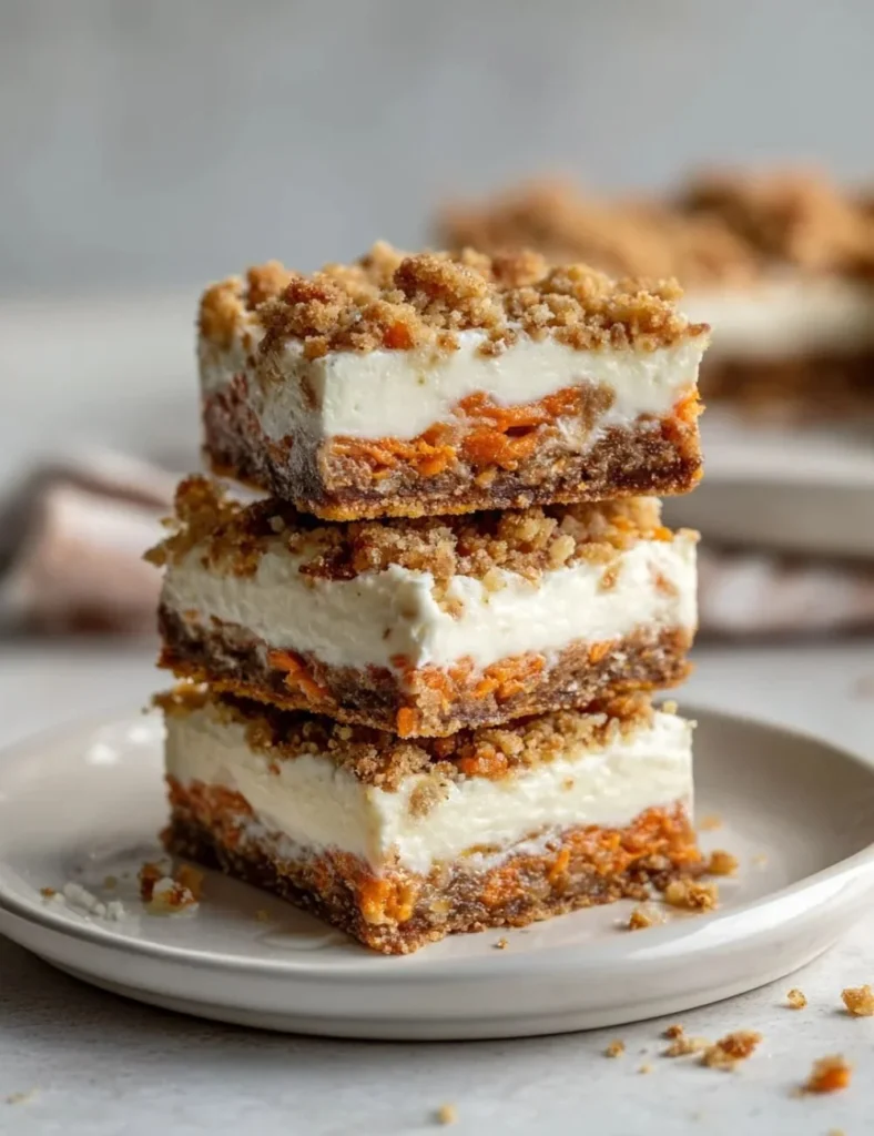 Delicious carrot cake cream cheese bars topped with frosting on a white plate.