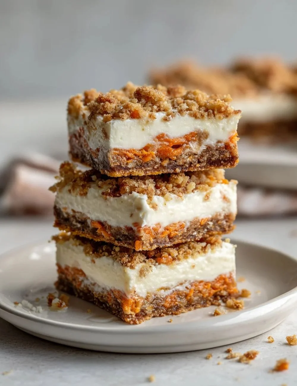 Delicious carrot cake cream cheese bars topped with frosting on a white plate.