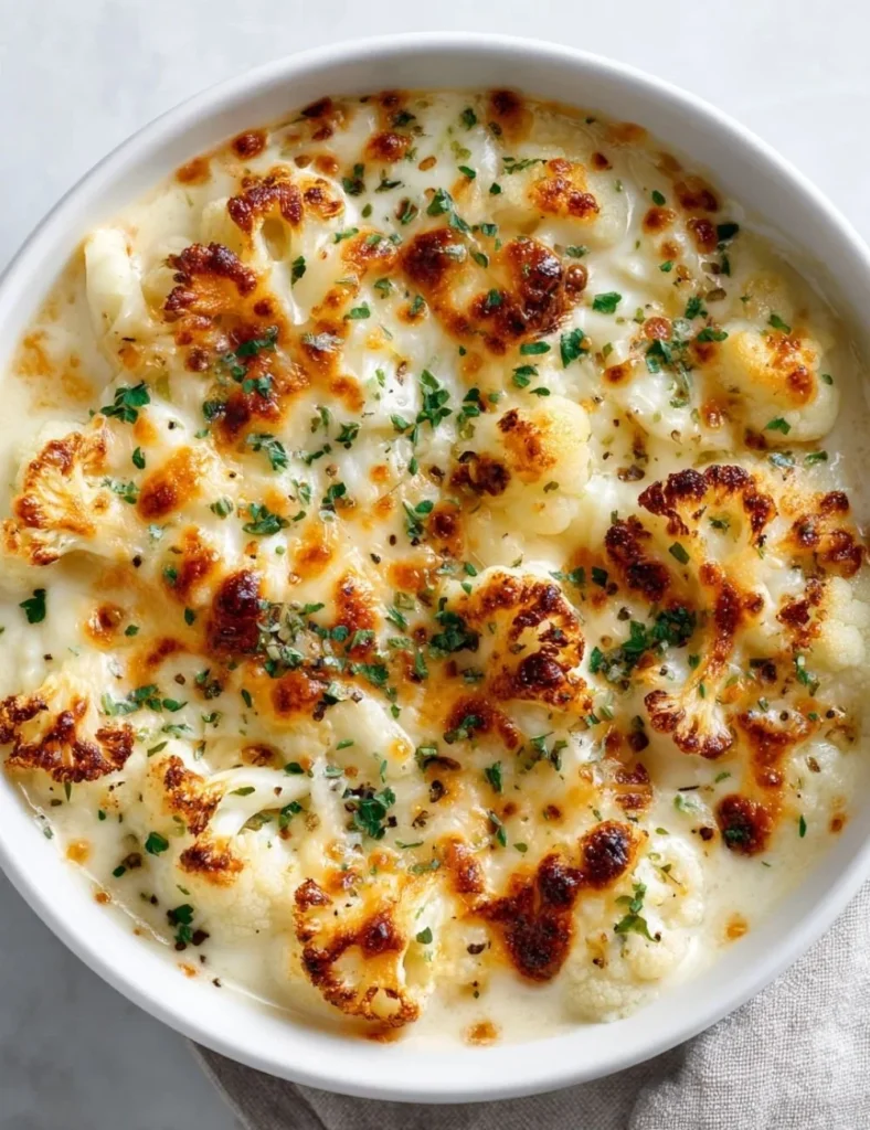 Creamy Cheddar Cauliflower Soup with roasted garlic in a bowl