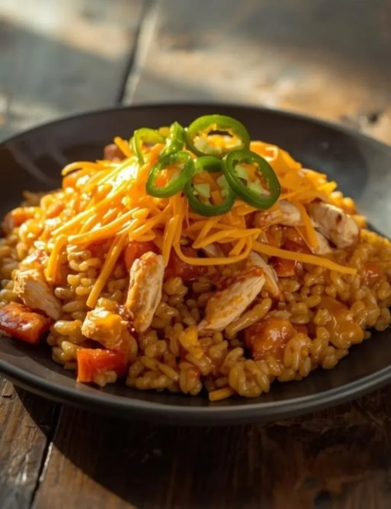 Delicious cheesy chicken taco rice dish topped with fresh ingredients.