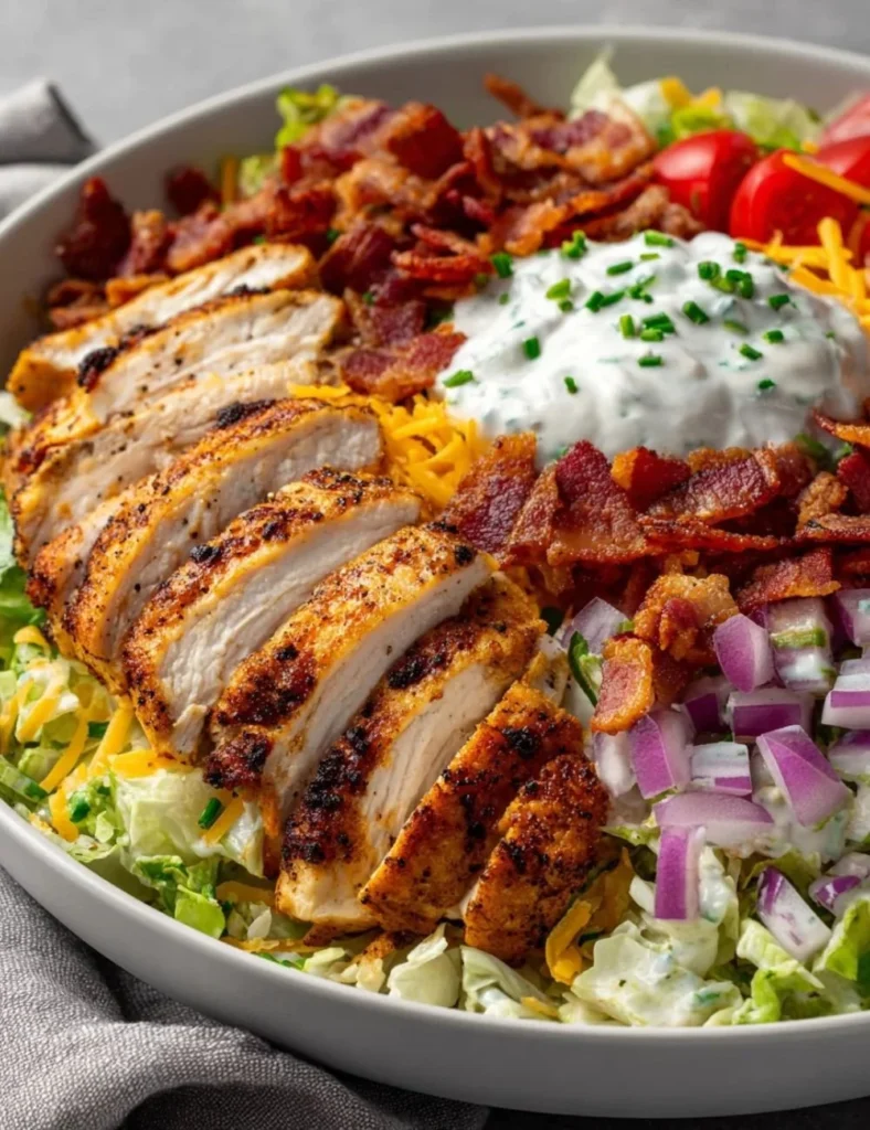 Savory Chicken Beef Bacon Ranch bowl garnished with fresh herbs and vegetables.