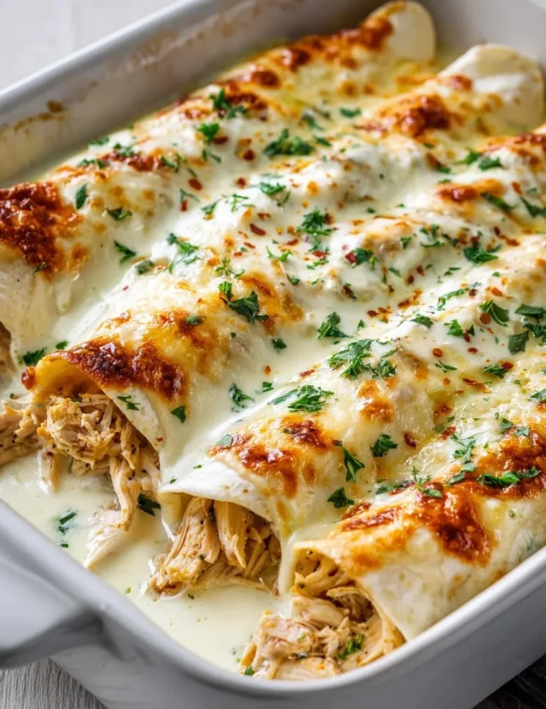 Plate of homemade chicken enchiladas topped with cheese and salsa