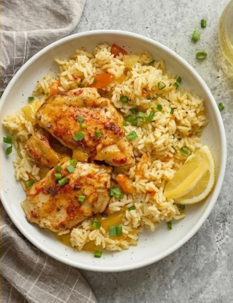 Delicious Chicken Scampi with Garlic Parmesan Rice plated elegantly.
